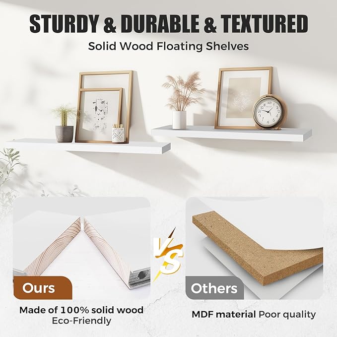 Floating Wall Shelves 2-Pack - 24-Inch Rustic White Wooden Shelves for Storage and Décor, Easy Installation for Living Room, Bedroom, and Kitchen-Ruum Studio Home