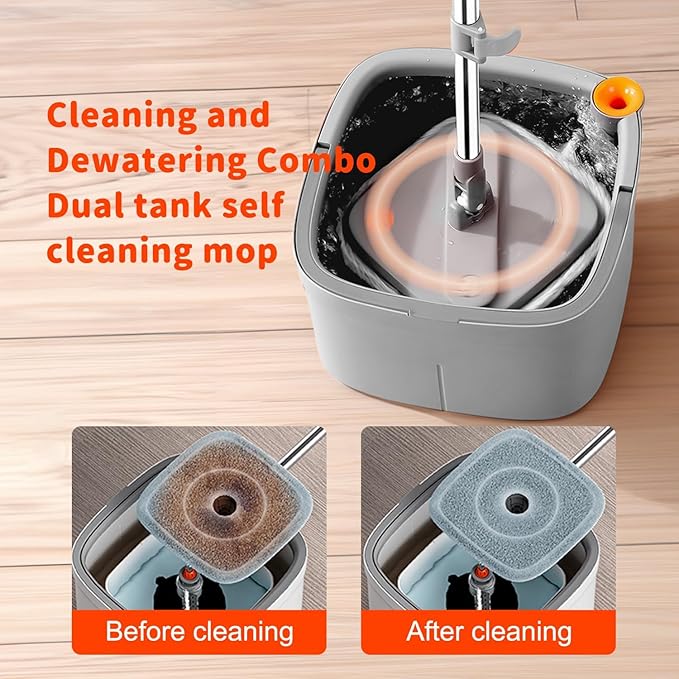 KZKR Spin Mop and Bucket Set with Self Separation Dirty and Clean Water System, Self Wringing 360° Rotating Square Mop Head for Home Floors Cleaning (1.0 Mop and Bucket Set (10 Pads))-Ruum Studio Home