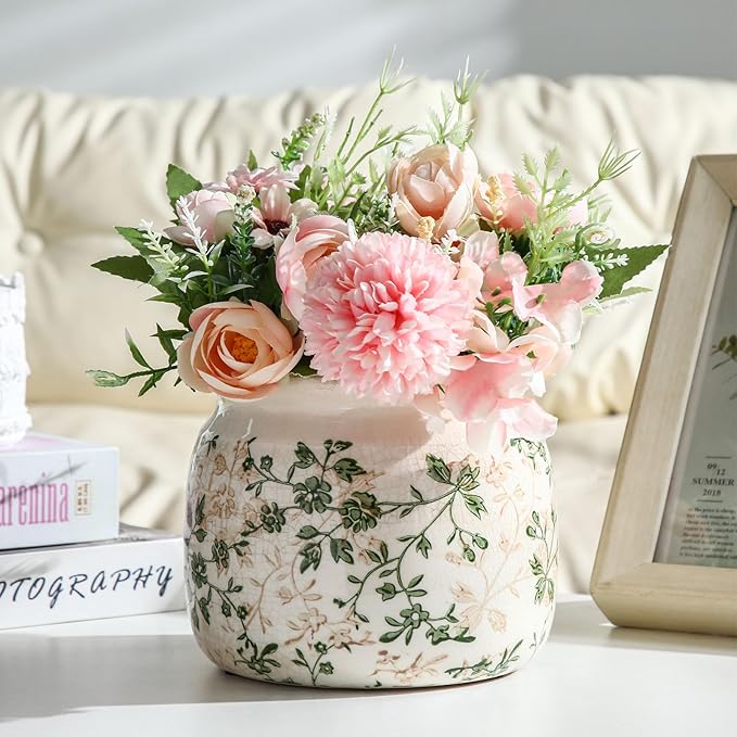 Vintage Planter Large Ceramic Plants Pot Green Pink Pastoral Floral Ice Crack Cottage Scroll Vase Flower Vase Pot Indoor Plants Home Kitchen Decor Farmhouse Antique Decorative Gifts-Ruum Studio Home