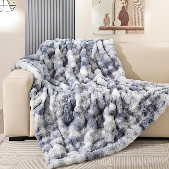 Latepis Faux Fur Throw Blanket for Couch, Soft Luxury Faux Fur Bubble Blanket for Sofa and Bedroom, Plush Thick Warm Cozy Fluffy Blanket for All Seasons, 50” x 60”, Tie-dye Blue-Ruum Studio Home