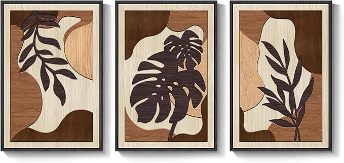 Framed Textured Wood 3D Wall Art for Living Room, Large Boho Tropical Brown Artwork for Walls, 3 Piece Farmhouse Botanical Leaf Wood 3D Textured Wall Art Decor for Office Bedroom Hallway, 24x36 Inch-Ruum Studio Home