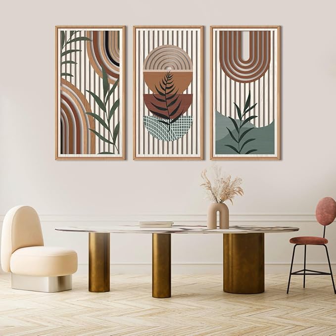 IARTTOP Large Boho Wall Art Set Of 3 Framed Mid Century Modern Wall Decor Abstract Geometric Wood Wall Art For Bedroom Living Room Office 16"x 32"-Ruum Studio Home