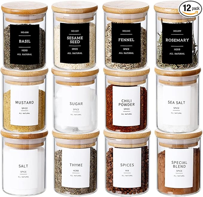 12 Pcs Glass Spice Jars With 296 Spice Labels Preprinted of White and Black Color- 6oz Thicken(2.4mm) Spice Containers With Bamboo Airtight Lids - Empty Small Herb Seasoning Jars-Ruum Studio Home