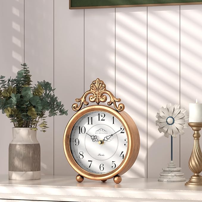 Vintage Gold Table Clock, Desk and Shelf Mantel Clock, French Rustic Antique Style Decor Clocks, for Farmhouse, Bedroom, Living Room, Bedside, Gift (9" H x 6.3" W)-Ruum Studio Home