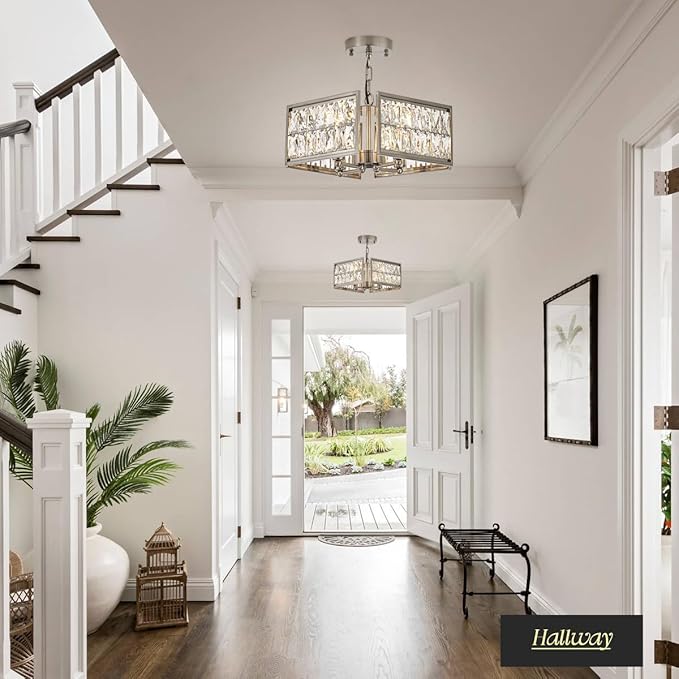 12” 4-Light Modern Crystal Chandeliers Nickel Dinning Room Light Fixture, Square Pendant Light Kitchen Island Chandelier, Flush Mount Ceiling Light for Living Room Entryway Bedroom Foyer-Ruum Studio Home