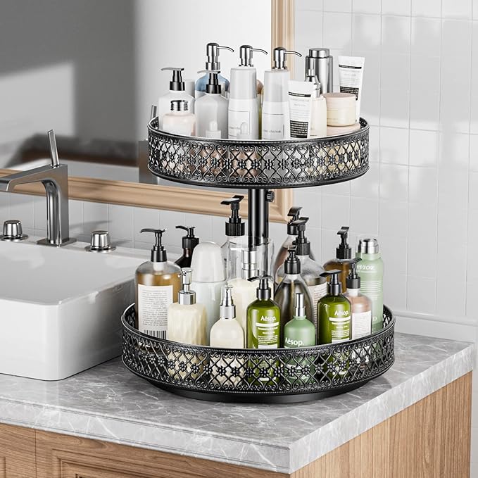 Lazy Susan Organizer 2 Tier - Turntable Spice Rack 12 inch Adjustable Metal Rotating Lazy Susan for Cabinet Pantry Kitchen Countertop Dining Table Cupboard Bathroom Vanity Storage Black-Ruum Studio Home