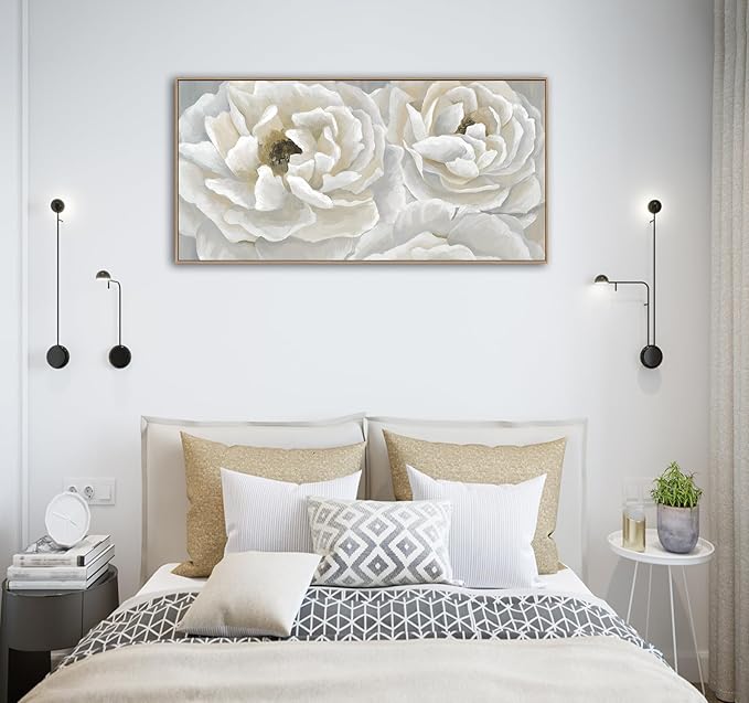 arteWOODS Cream White Flowers Framed Wall Art - Soft Peony Pictures for Wall Decor Elegant Blossom Flower Painting Artwork Botanical Prints for Living Room Home Office Wall Decoration 20" x 40"-Ruum Studio Home