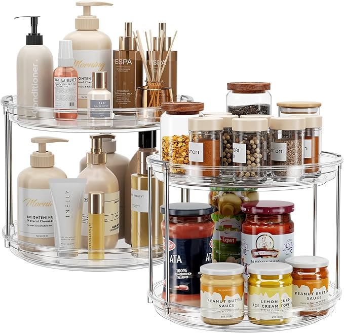 LAMU 2 Pack 2 Tier Lazy Susan Turntable Organizer 9.25'' Rotating Spice Rack Organization for Cabinet, Kitchen, Pantry, Countertop, Bathroom, Vanity, Medicine Cabinet Organizer, Clear-Ruum Studio Home