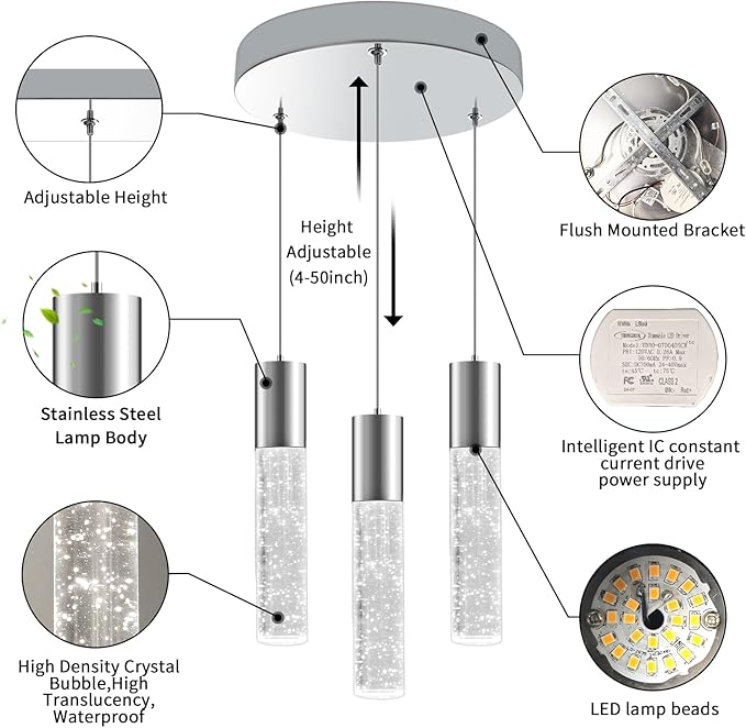 OKELI Dimmable LED 3-Light Pendant Light for Kitchen Island, 18W 1350LM Modern Bubble Crystal Island Light Fixture,6000K, Electro-Chrome, Easy Installation, Round-Ruum Studio Home