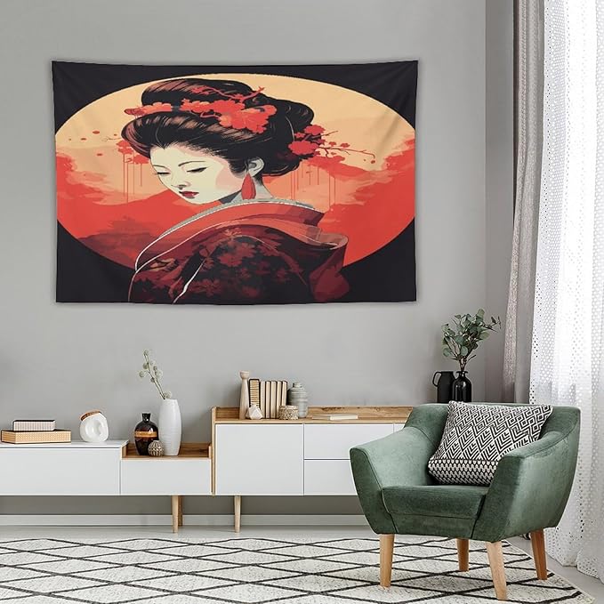 Japanese Woman Geisha Tapestry Asian Cherry Blossom Red Sun Traditional Kimono Folk Tapestries Home Decor for Living Room Bedroom Apartment Farmhouse Dorm 90"x60"-Ruum Studio Home
