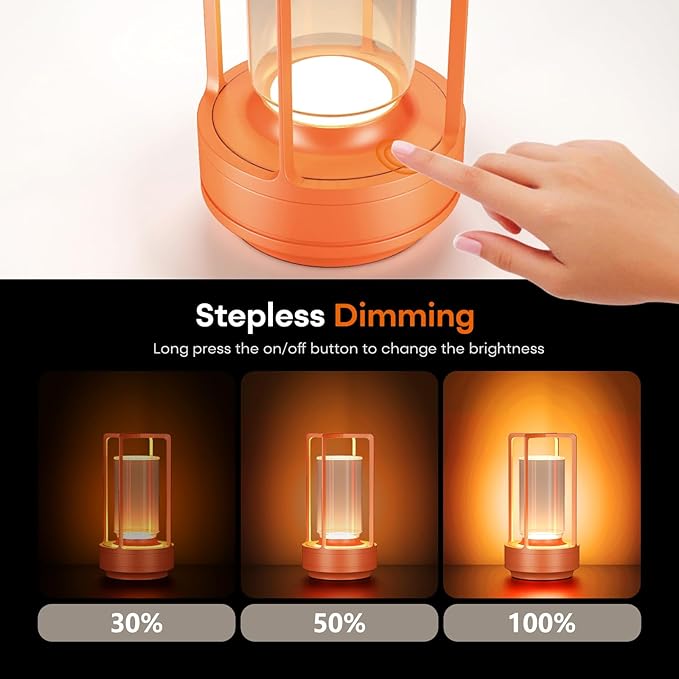 Portable Metal Table Lamp for Indoor/Outdoor ,Rechargeable Cordless LED Lamp, 3-Colour Infinitely Dimming Battery Powered Small Desk Lamp, Restaurant/Bedroom/Bar/Coffee/Camping Light (Orange set of 2)-Ruum Studio Home