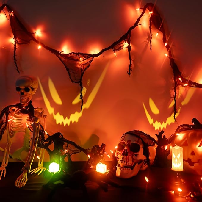 Halloween Horror Atmosphere Lights, Orange&Purple LED String Lights with 9.9FT Creepy Black Gauze, Battery Powered with Timer & 8 Flashing Modes (Orange)-Ruum Studio Home