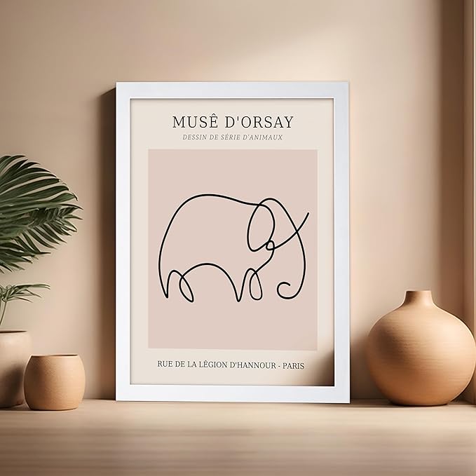 Poster Master Vintage Poster - Retro One Line Elephant Drawing Print - Elephant Art - Minimal Gift for Men, Women, Animal Lover - Abstract Wall Decor for Home, Office, 16x20 White Framed-Ruum Studio Home