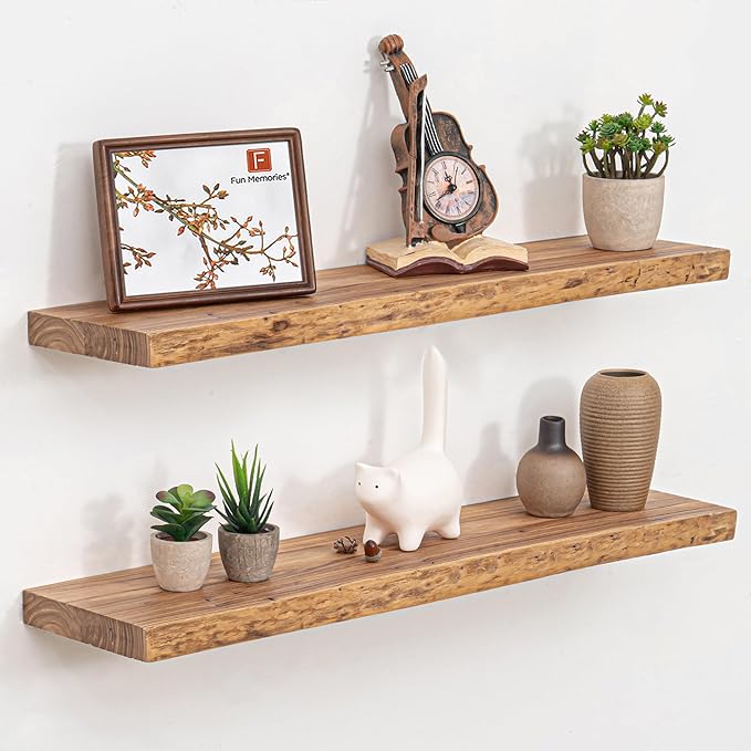 Floating Shelves for Wall, 32" Live Edge Solid Elm Wood Floating Shelf, Wall-Mounted Display Shelves with Invisible Heavy-Duty Metal Bracket, Floating Shelf for Kitchen (Natural, Set of 2)-Ruum Studio Home