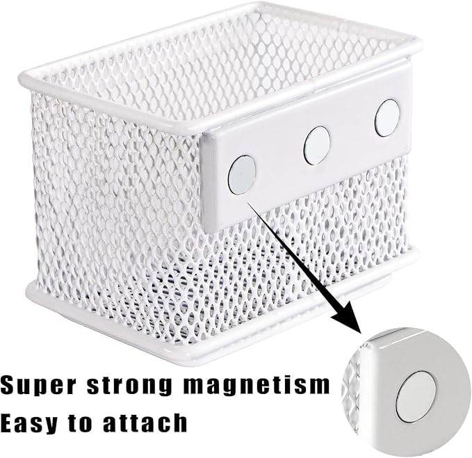 White Magnetic Basket, Magnetic Pencil Holder for whiteboard, Wire Mesh Magnetic Refrigerate Organizer, Magnetic shelf Desktop Storage, 3.42'' x 2.36'' x 2.55'',Set of 4-Ruum Studio Home