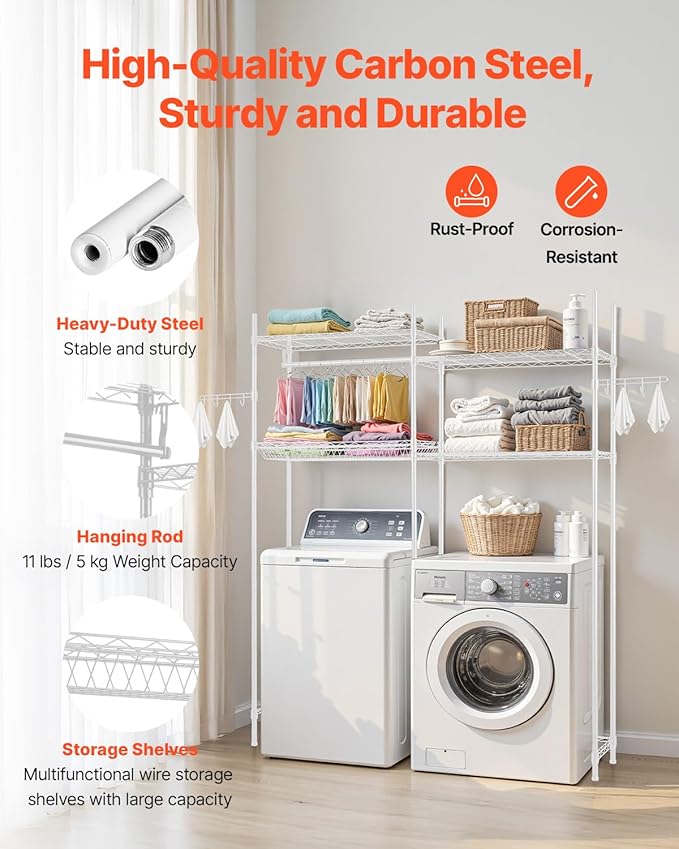 VEVOR Over The Washer and Dryer Storage Shelf, 4 Tier Laundry Room Drying Rack with Hanger Rod and Hooks, Adjustable Over Washer and Dryer Shelves, Laundry Room Shelf Storage Space Saver, White-Ruum Studio Home