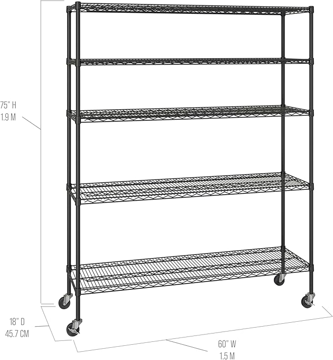Seville Classics UltraDurable Heavy Duty NSF Solid Steel Wire Rack Storage Unit, Organizer for Garage, Warehouse, Office, Restaurant, Classroom, Kitchen, Black, 5-Tier Shelving, 60" W x 18" D-Ruum Studio Home