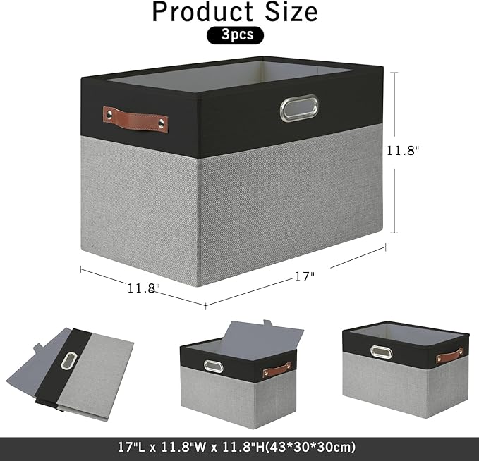 Large Collapsible Fabric Storage Bins with 3 Handles, Foldable Organizer Baskets for Closet, Shelves, Living Room | 3 Pack, Durable PU & Metal Handles (17"x11.8"x11.8", Black & Gray)-Ruum Studio Home
