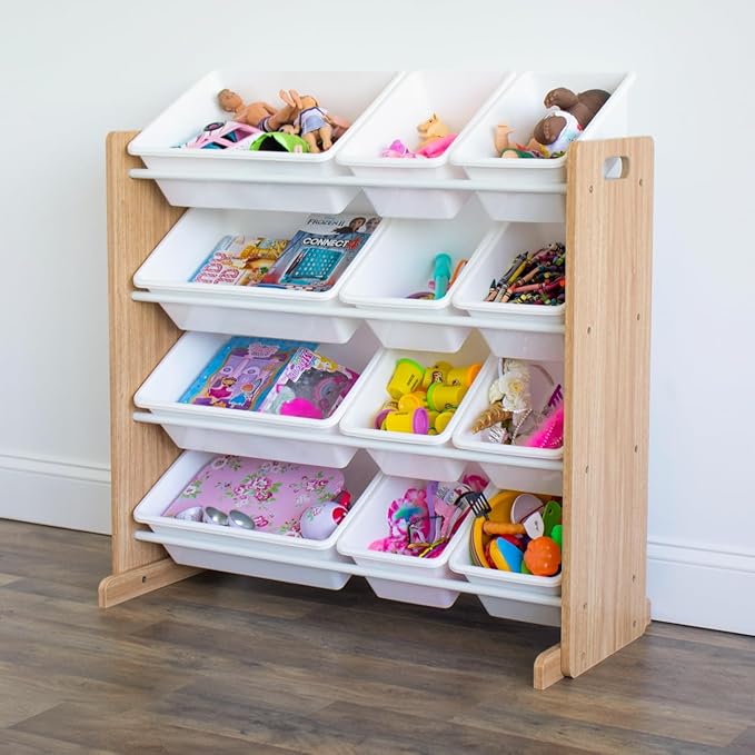 Humble Crew Kids Toy Storage Organizer with 12 Plastic Bins, Natural Wood/White – Removable Bins for Playroom, Bedroom, Toddler Furniture for Boys and Girls Ages-Ruum Studio Home
