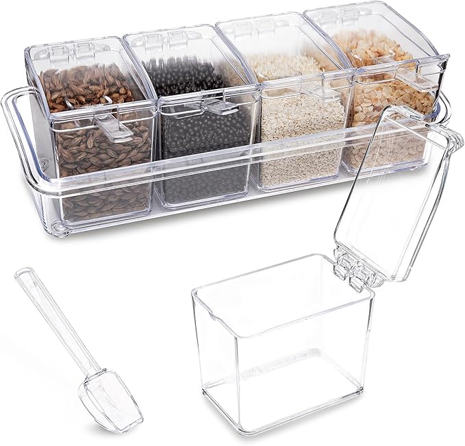 Clear Seasoning Box, 4 Pieces Seasoning Rack Spice Pots, Storage Container Condiment Jars Acrylic Seasoning Box with Covers and Spoons for Spice, Sugar, Salt, Sugar, Cardamon, Cinnamon-Ruum Studio Home