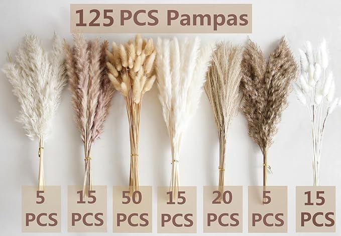 125 PCS Dried Pampas Grass Bouquet, Boho Table Decor, Bunny Tails Dried Flowers, Brown Pampas, White Pampas Grass for Weddings, Home Decor, Rustic Parties, and Baby Shower Decorations-Ruum Studio Home
