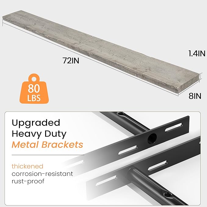 Fun Memories Floating Shelves for Wall Dec, 72"x8" Rustic Reclaimed Wood Shelves, Heavy-Duty Wall Mounted Shelves with Invisible Brackets for Living Room, Bedroom, Kitchen, Grey Finish-Ruum Studio Home