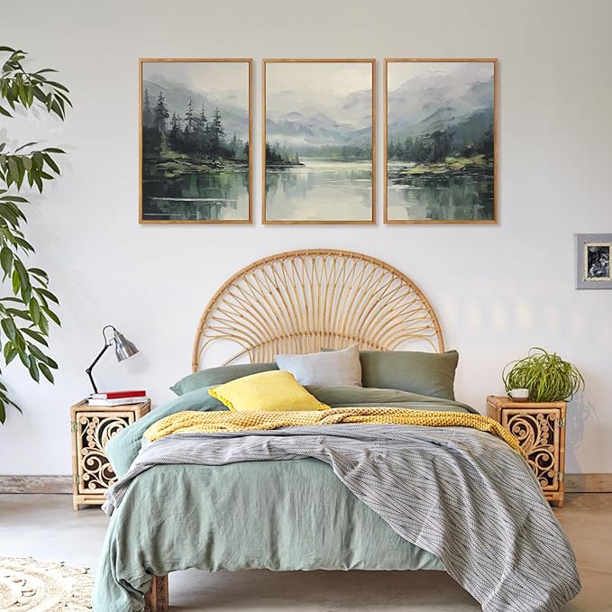 Aurlan Emerald Green Mountain Lake Landscape Framed Wall Art(16"x24"), 3PCS Abstract Forest Nature Canvas Artwork, Large Minimalist Watercolor Modern Pine Trees Scenery Decor for Office Home-Ruum Studio Home