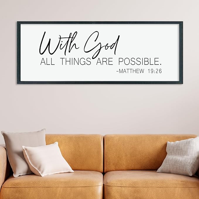 LuZhiQiang With God All Things Are Possible Wall Decor 40"×15" Matthew 19:26 sign Bible Verse Scripture for Living Room Large Wood Framed Wall Hanging Art (Black)-Ruum Studio Home