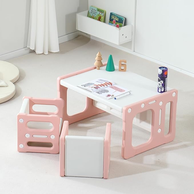 3 in 1 Montessori Weaning Table and 2 Chairs Set, Kids Desk and Chair Set, 2 Height Levels, Toddlers Activity Table for Drawing, Dining, Reading and Playing, Pink-Ruum Studio Home