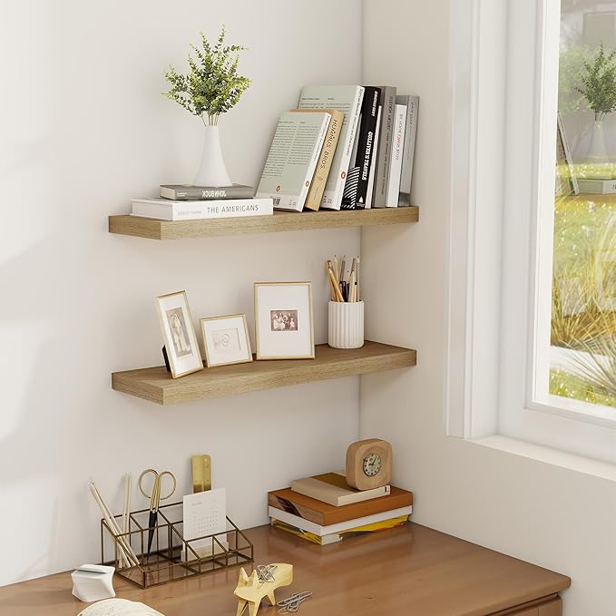 Fun Memories Floating Shelves for Wall, 22.5" Rustic Wood Deep Wall Mounted Shelves with Invisible Brackets for Decor & Storage, Floating Shelf for Living Room, Bathroom (Oak, Set of 2)-Ruum Studio Home