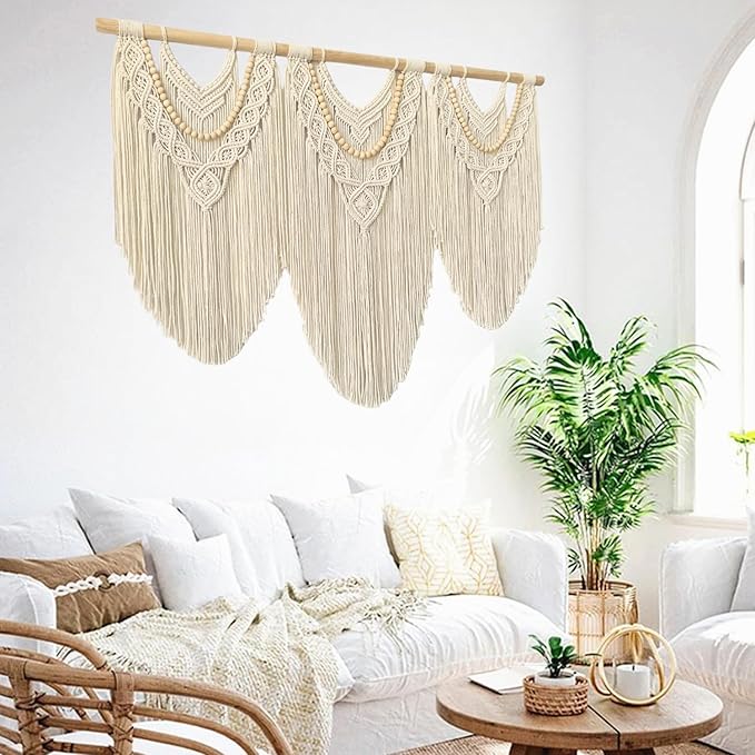 large macrame wall hanging - Boho Tapestry Macrame Wall Decor Art- Chic Bohemian Handmade Woven Tapestry Home Decoration for Bedroom Living Room Apartment Wedding Party - 43"x32" (Beige-Wood Bead)-Ruum Studio Home