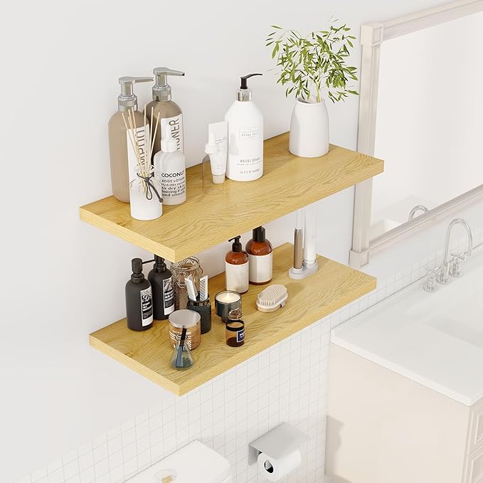 30" Floating Shelves for Wall, 12" Deep Slim Oak Floating Shelves, Wall-Mounted Shelves for Bedroom, Living Room, Kitchen, Bathroom - Set of 2-Ruum Studio Home