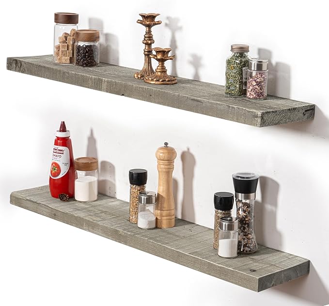 Fun Memories Floating Shelves for Wall Decor, 36"x8" Rustic Reclaimed Wood Shelves, Heavy-Duty Wall Mounted Shelves with Invisible Brackets, Set of 2for Living Room, Bedroom, Kitchen, Grey Finish-Ruum Studio Home
