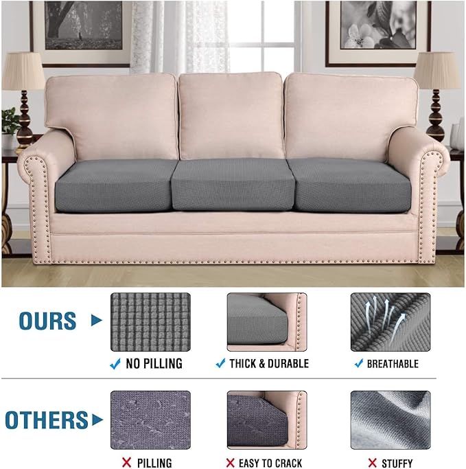H.VERSAILTEX Super Stretch Individual Seat Cushion Covers, Thick Jacquard Textured Twill Fabric (3 Piece XL Sofa Cushion Covers, Grey)-Ruum Studio Home
