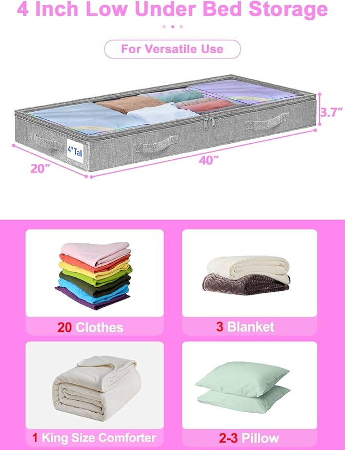 punemi Under Bed Storage Containers, Below 4 Inches Tall Low Profile Underbed Storage, NO STRUCTURE, Soft Foldable Underbed Cloth Storage Bags, Zipper Blanket Storage Container, 2Pack, 20x40x3.7in-Ruum Studio Home