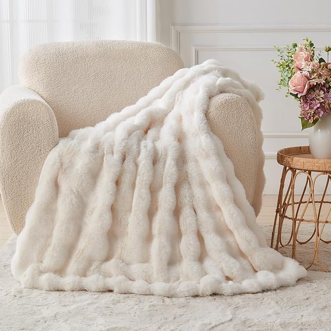Lotus Karen Faux Fur Blanket - Cream White Twin Size, Big Bubble Rabbit Fluff, 60x80 Inches-Ruum Studio Home