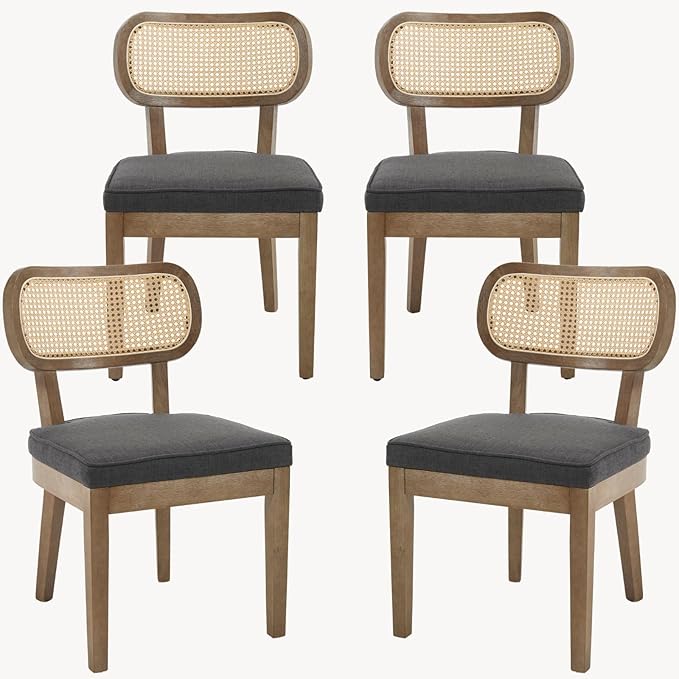 Rattan Dining Chairs Set of 4, Upholstered Linen Dining Room Chair with Cane Backrest Wooden Farmhouse Kitchen Chairs Armless Side Chair for Dining Room/Restaurant, Black-Ruum Studio Home