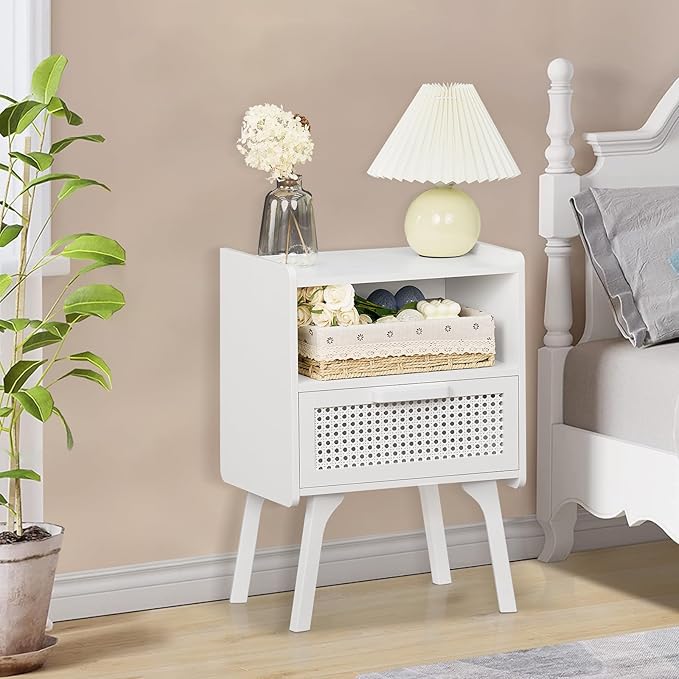 Lerliuo Rattan Nightstand, Side Table with Drawer Open Shelf, Cane Accent Bedside End Table with Solid Wood Legs, Mid Century Modern Night Stand for Bedroom, Dorm and Small Spaces (White)-Ruum Studio Home
