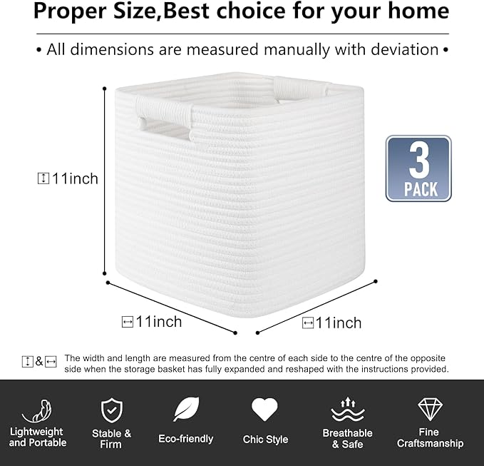 OIAHOMY Storage Cubes 11 Inch - 3 Pack, Cotton Rope Woven Baskets for Organizing, Square Storage Baskets for Shelves Organizer, Classroom, Kids Toy Bins, Closet, Baby Nursery-White-Ruum Studio Home
