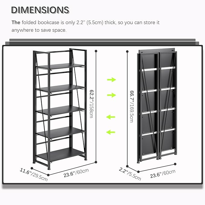 4NM No Assembly Foldable Bookshelf, 5-Shelf Collapsible Bookcase Storage for Small Spaces, 62.2" H, All Black-Ruum Studio Home