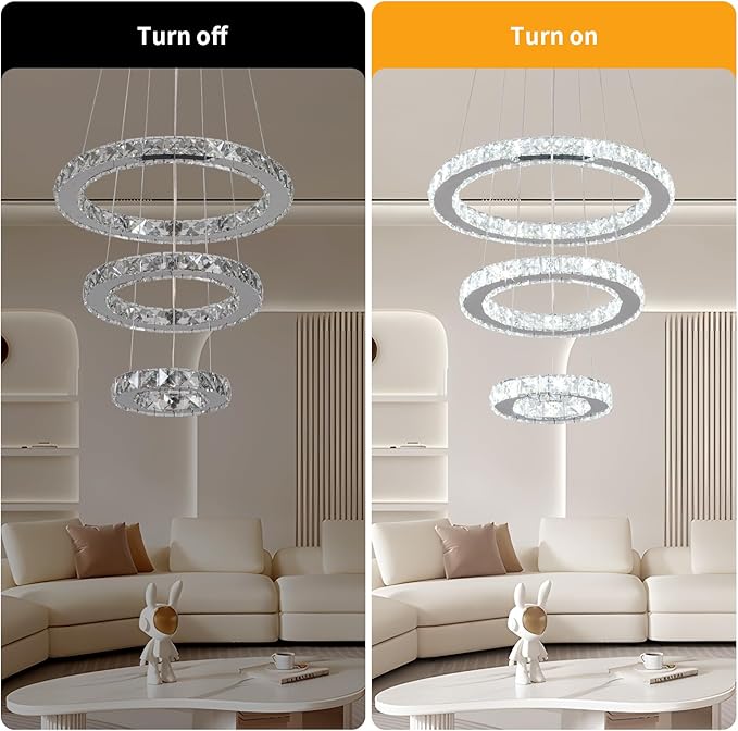 Buccleuch LED Crystal Chandeliers, Dimmable LED Pendant Light Fixture 3-Ring Adjustable Stainless Steel Ceiling Light, Silver Crystal Chandeliers for Dining Room, Bedroom, Living Room - ETL Listed-Ruum Studio Home