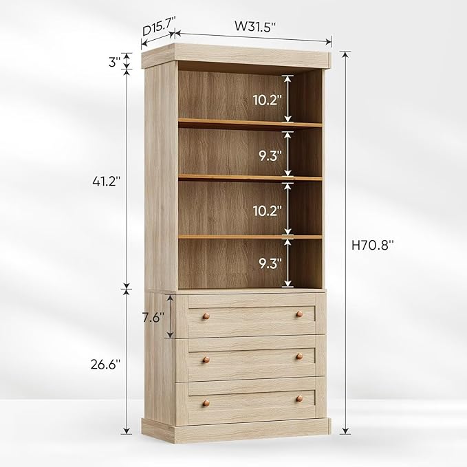 Vyre 71" Tall Farmhouse Bookshelves with Drawers, Set of 2 – Large Modular Bookcase with Adjustable Shelves, Storage Cabinet for Living Room, Kitchen, Home Office, Brown-Ruum Studio Home