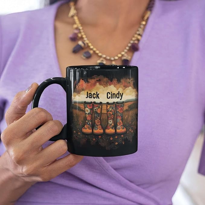 Custom Couple Mug with Floral Boots Design, Personalized Name Coffee Mug 11oz 15oz, Fall Inspired Ceramic Coffee Cup, Custom Autumn Scene Black Cup, Gifts for Boyfriend, Girlfriend-Ruum Studio Home