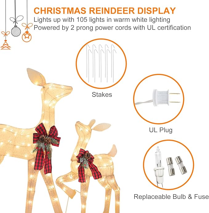 2 Pcs Reindeer Christmas Decoration, Xmas Lighted White Shimmering Doe and Fawn Display Set with 105 Warm White Lights for Yard Lawn Indoor Outdoor-Ruum Studio Home