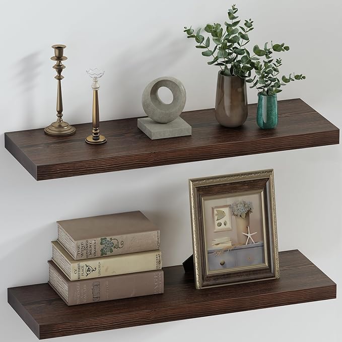 SAUMONIERES Floating Shelves 8 Inch Deep Solid Wood Wide Wall Shelf Set of 2 Wall Mounted for Bedroom Bathroom Living Room Kitchen, 24 Inch Walnut-Ruum Studio Home