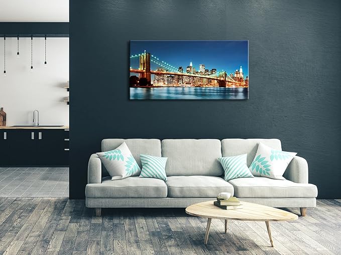Pyradecor Large Modern New York Cityscape Canvas Wall Art Brooklyn Bridge Night View Canvas Prints Stretched Landscape Pictures Paintings Artwork for Living Room Home Decorations L-Ruum Studio Home