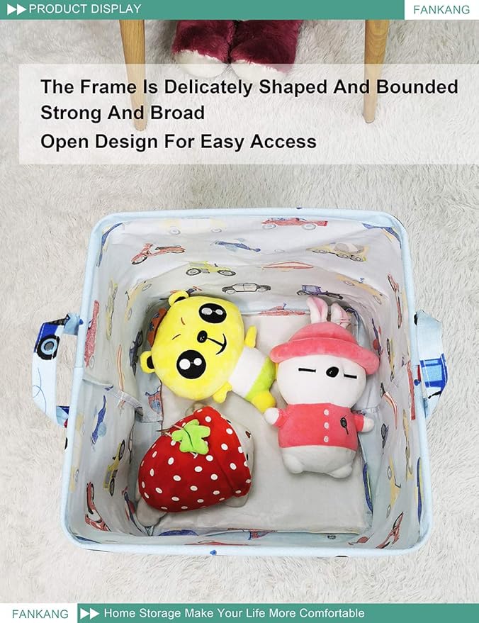 FANKANG Square Nursery Hamper Storage Bins Canvas Laundry Basket Foldable with Waterproof PE Coating Storage Baskets Gift Baskets for Children, Office, Bedroom, Clothes（Square-Car ）-Ruum Studio Home