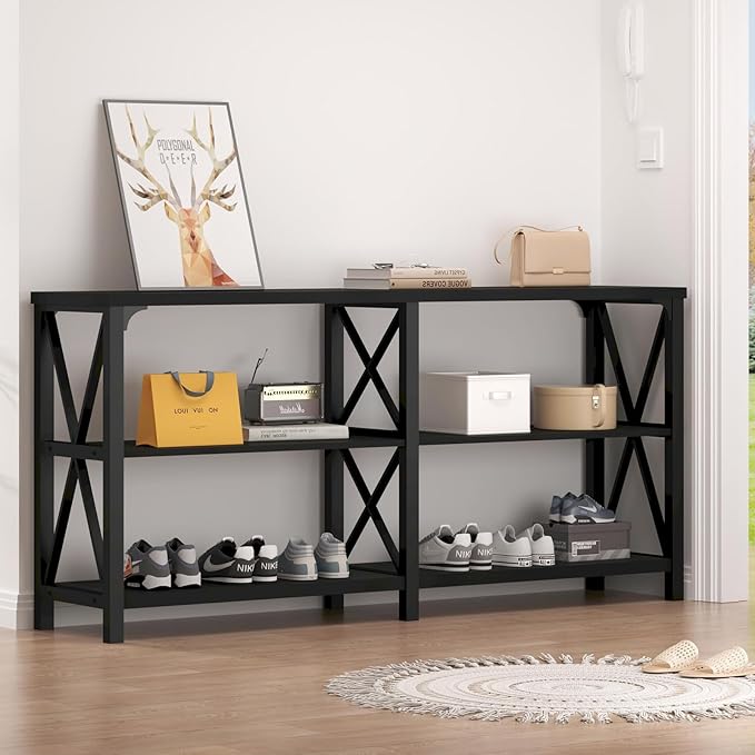 LVB Industrial Entryway Table, Farmhouse Rustic Console Tables Behind Couch, Long Metal Wooden Sofa Table with Storage Shelf, Modern Foyer Hallway Table for Living Room Bedroom, Black Oak, 63 in-Ruum Studio Home