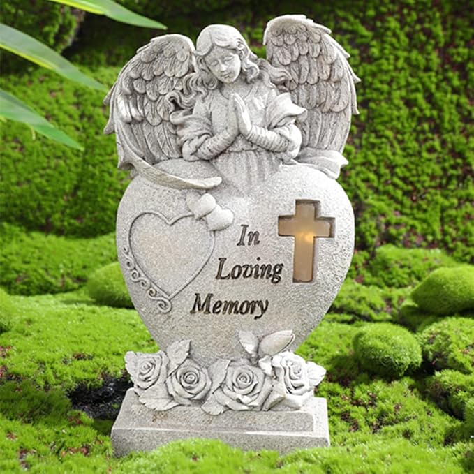 Garden Angel Statue with Cross Solar LED Light, Memorial Gifts for Loved Ones, Cemetery Grave Decorations-Ruum Studio Home