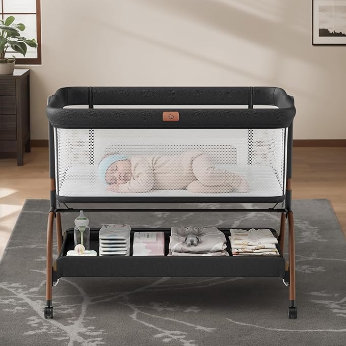 Baby Bassinet Bedside Crib, 3-in-1 Baby Bassinet Bedside Sleeper with Mattress and Soft, Breathable Sheet, Full-Mesh Sides, 6-Height Adjustable, Stable and Secure Crib for Newborns-Ruum Studio Home